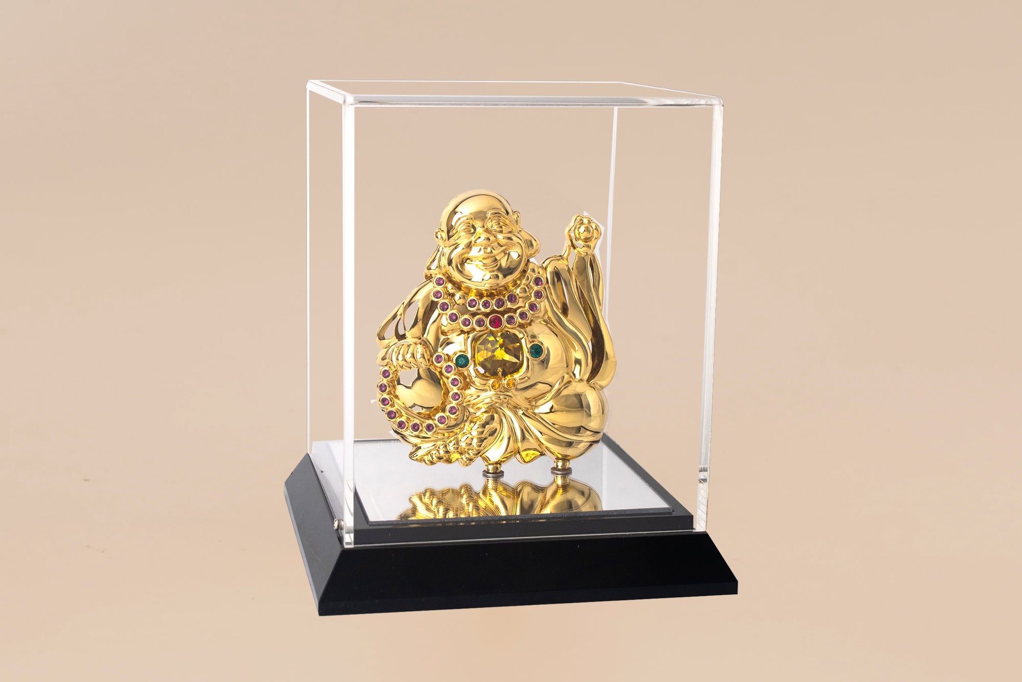 LAUGHING BUDDHA WITH GRANDEUR IN CABINET